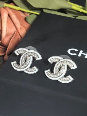 Chanel CC White Enamel Crystal Stud Earrings